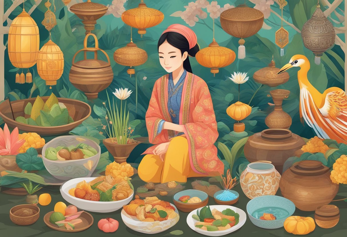 A young girl surrounded by a variety of Malaysian cultural symbols and objects, such as traditional clothing, food, and nature elements