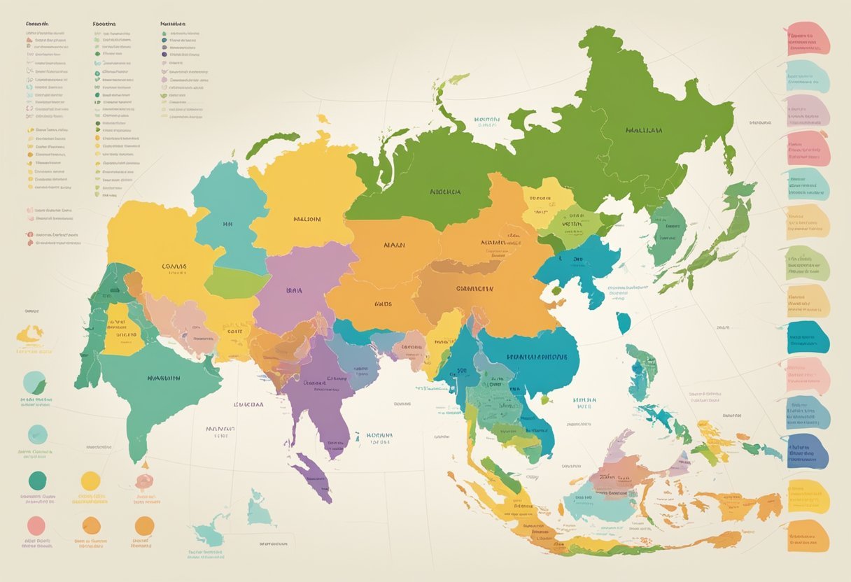 A colorful map showcasing the regional variations of Malaysian girl names, with each region highlighted and labeled with the corresponding names