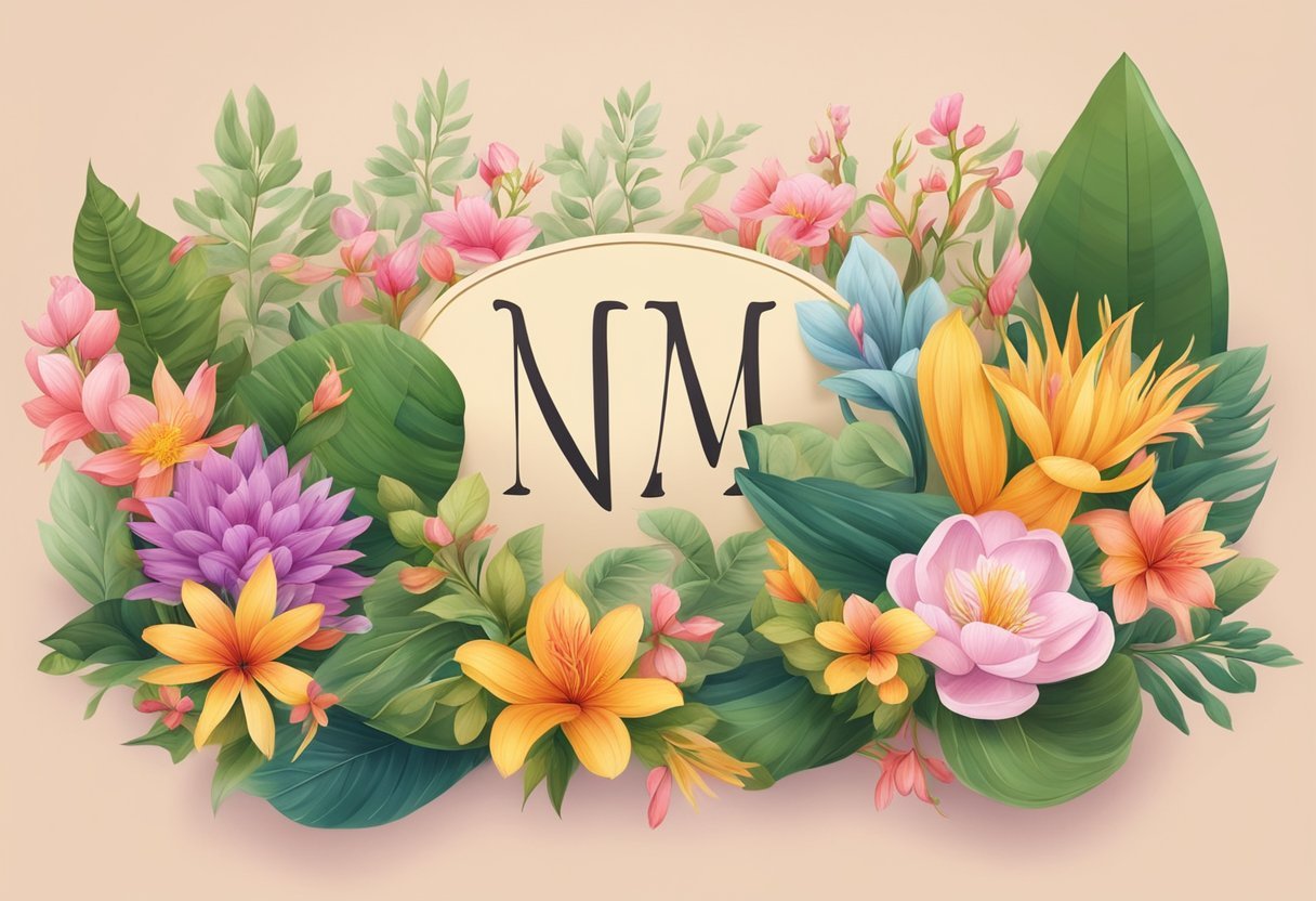 A group of colorful traditional Malaysian flowers and plants surround a sign displaying popular Malaysian girl names in elegant script