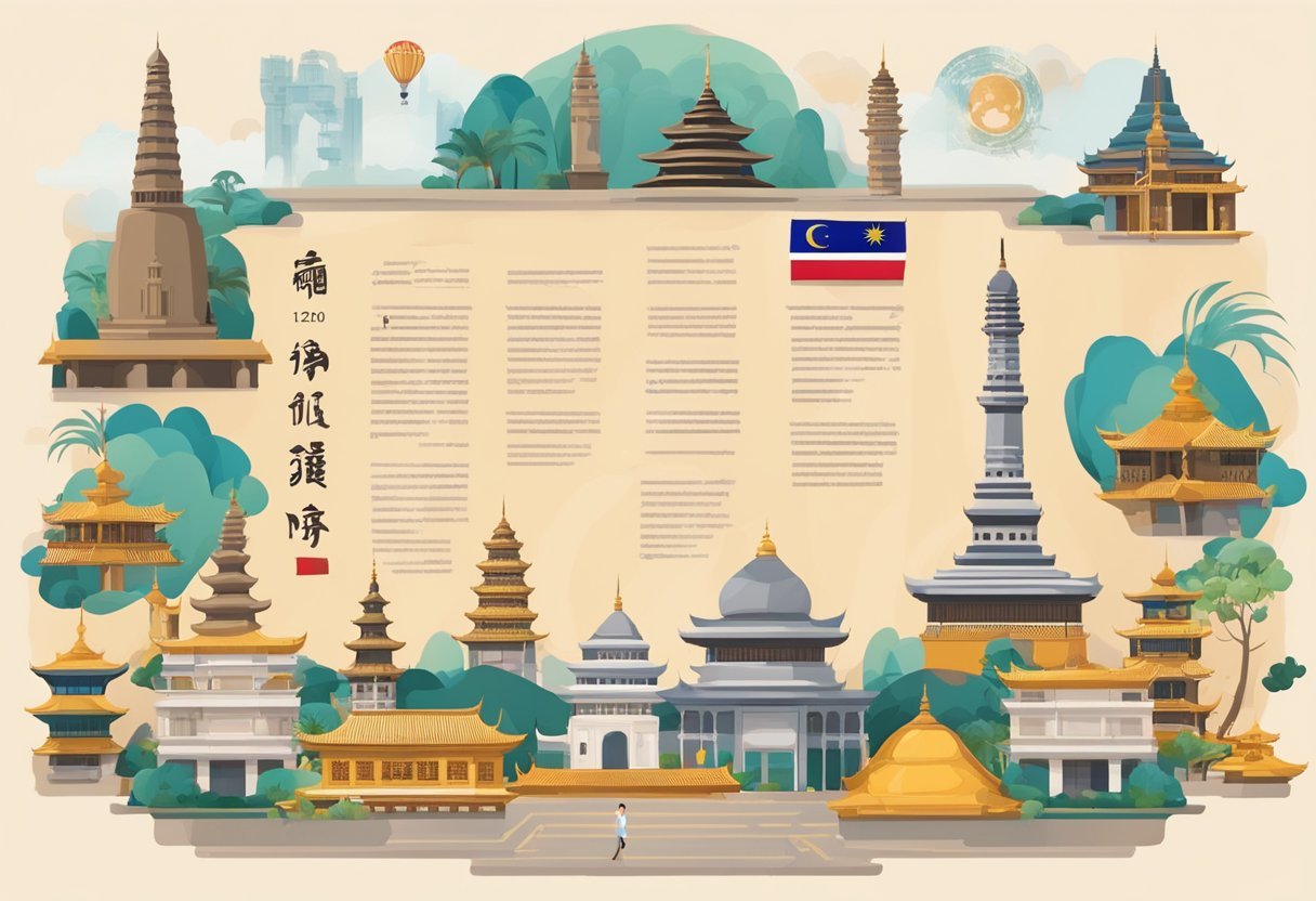 A scroll with Malaysian girl names, surrounded by traditional cultural symbols and historical landmarks