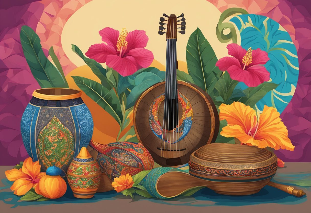 A colorful array of traditional Malaysian objects, such as batik fabrics, hibiscus flowers, and traditional Malay musical instruments, arranged in a vibrant and lively composition